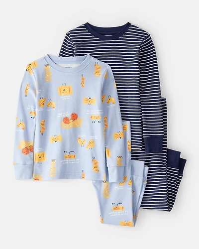 Toddler Boy Pasta Print 100% Cotton Long-Sleeve 4-Piece Pajamas - Blue