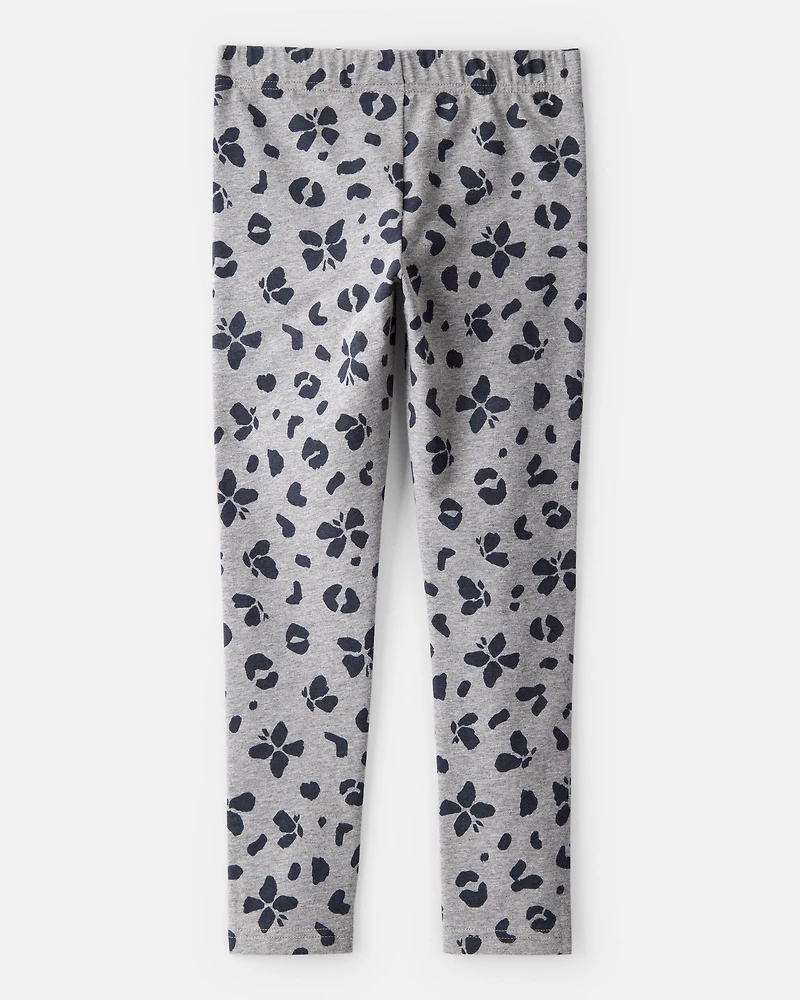 Girls Butterfly Leopard Print Pull-On Stretch Leggings - Grey