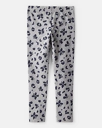 Girls Butterfly Leopard Print Pull-On Stretch Leggings - Grey