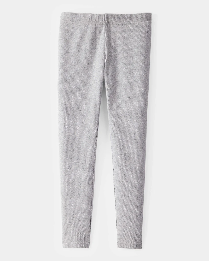 Girls Solid Cotton Ribbed Stretch Leggings - Grey