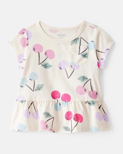 Baby Girl Cherry Print Short-Sleeve Peplum Top - White