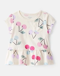 Baby Girl Cherry Print Short-Sleeve Peplum Top - White