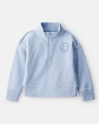 Girls Smiley Face Print Quarter-Zip Pullover Sweatshirt - Blue