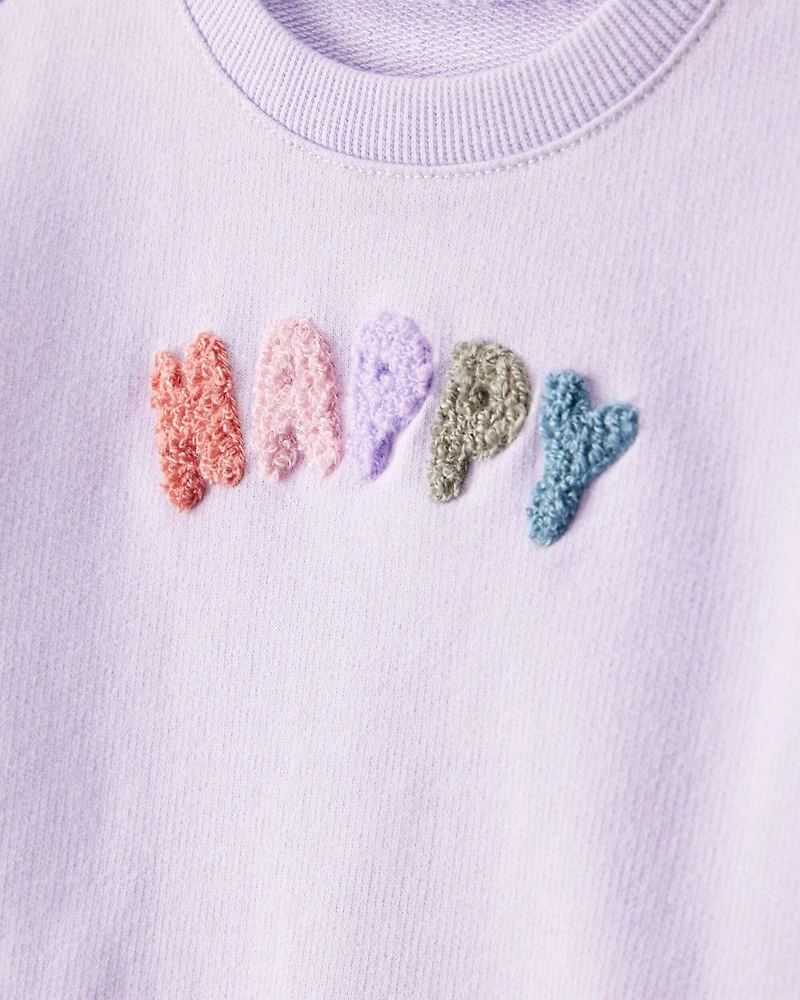 Baby Girl Happy French Terry Long-Sleeve Pullover Sweatshirt - Purple
