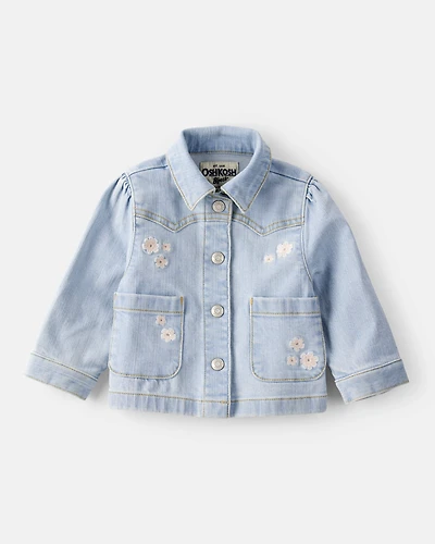 Baby Girl Flower Embroidered Denim Jacket - Light Wash
