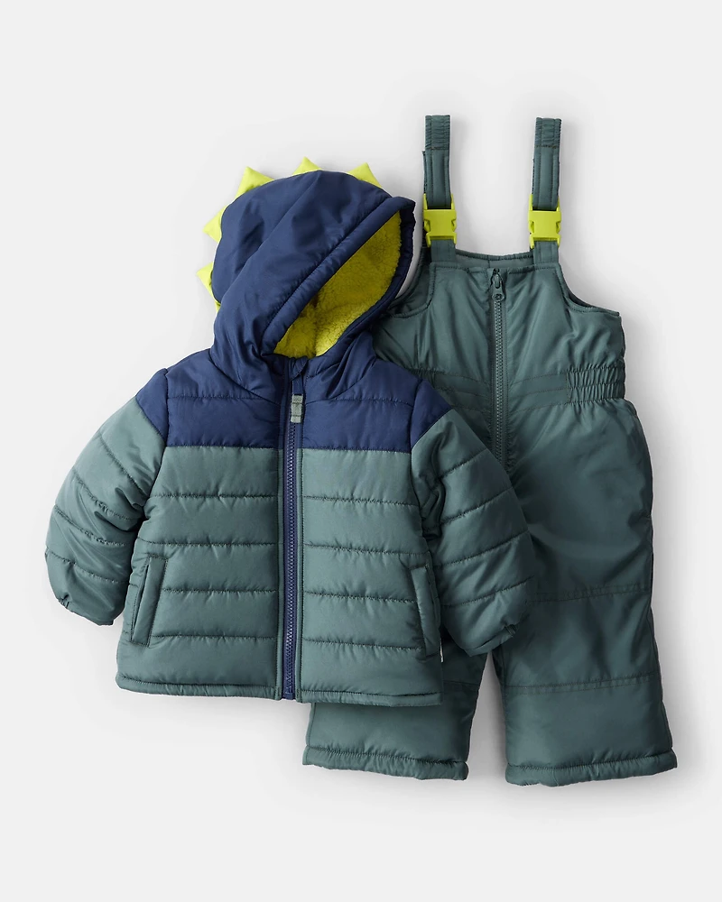 Baby Boy 2-Piece Dinosaur Hooded Snowsuit Jacket & Bib Set - Green/Blue