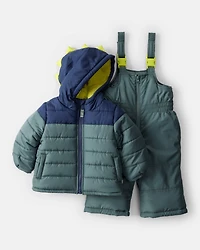 Baby Boy 2-Piece Dinosaur Hooded Snowsuit Jacket & Bib Set - Green/Blue