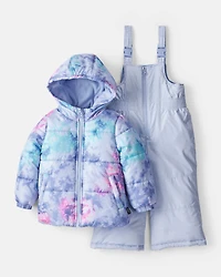 Toddler Girl 2-Piece Tie Dye Hooded Snowsuit Jacket & Bib Set - Blue
