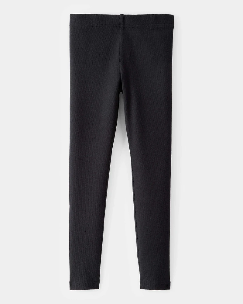 Girls Solid Cotton Ribbed Stretch Leggings - Black