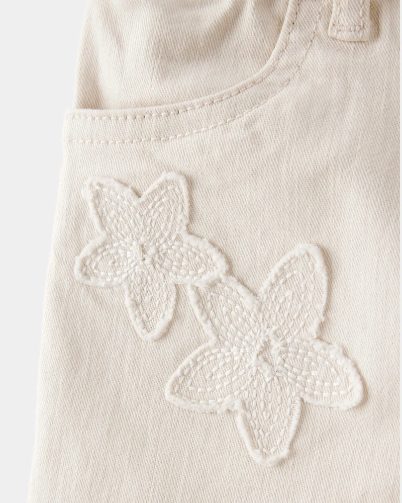 Toddler Embroidered Stretch Denim Wide Leg Jeans - Cream
