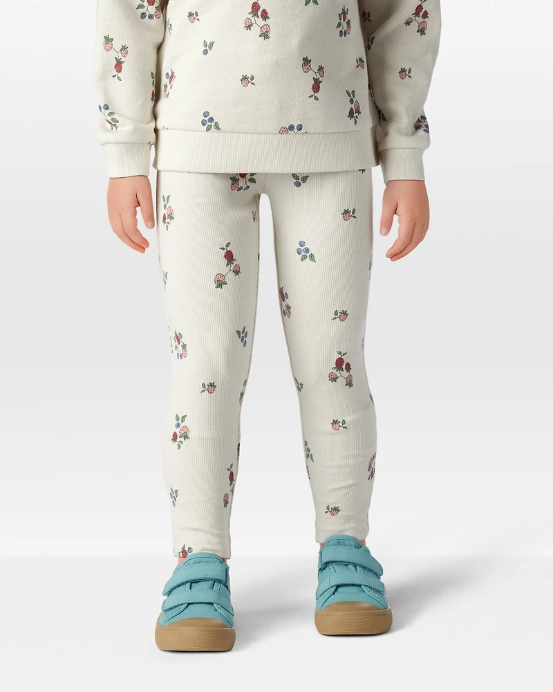 Toddler Girl Organic Cotton Ribbed Knit Pants in Berry Blossom Print