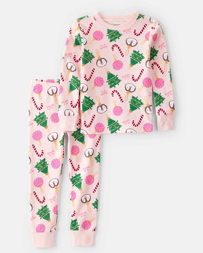 Toddler Pink Ornaments 100% Cotton Long-Sleeve Snug Fit 2-Piece Pajamas