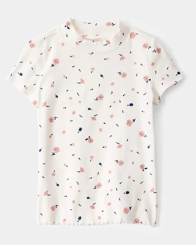 Kid Floral Mock Neck Ribbed Tee - Ivory