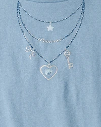 Girls Charm Necklace Short-Sleeve Graphic Tee - Blue