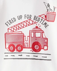 Toddler Boy Firetruck Print 100% Cotton Long-Sleeve 4-Piece Pajamas - Red/White
