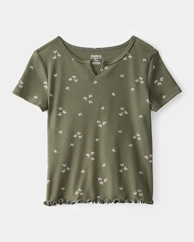 Girls Butterfly Print Ribbed Short-Sleeve Shirt - Olive
