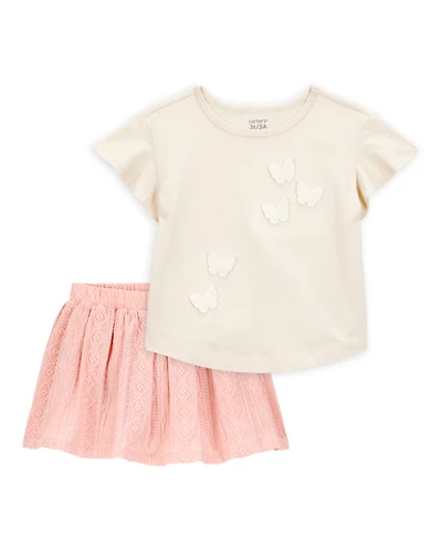 Baby 2-Piece Butterfly Short-Sleeve Top & Crochet Skort Set - Pink/Ivory
