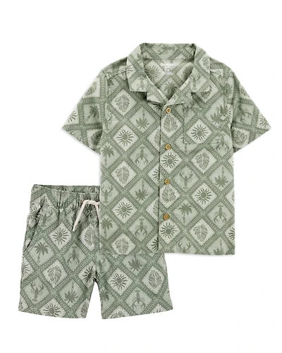 Toddler 2-Piece Tile Print Button-Down Shirt & Drawstring Shorts Set - Green