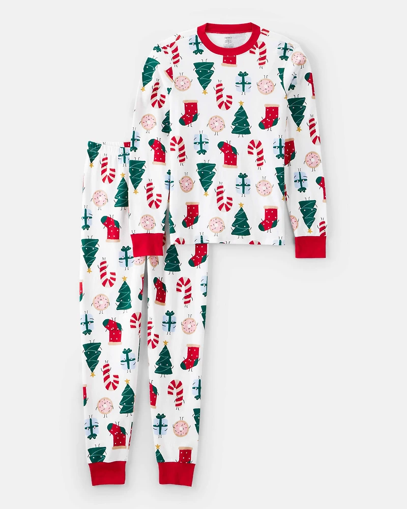 Adult Festive Friends Santa Christmas 100% Cotton Long-Sleeve Snug Fit 2-Piece Pajamas - White