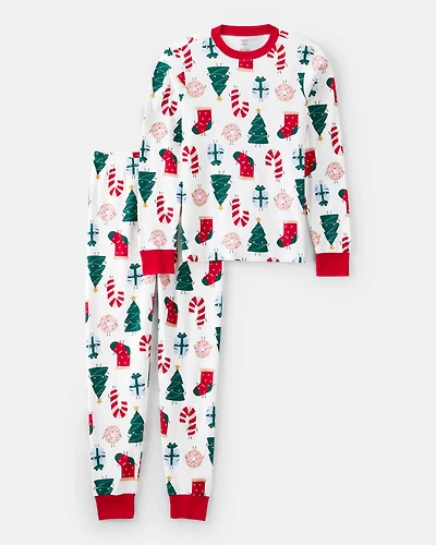 Adult Festive Friends Santa Christmas 100% Cotton Long-Sleeve Snug Fit 2-Piece Pajamas - White