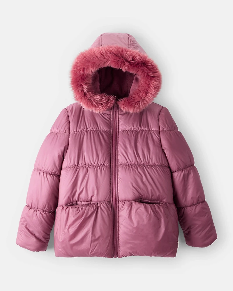 Girls Hooded Puffer Jacket - Burgundy