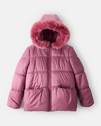 Girls Hooded Puffer Jacket - Burgundy