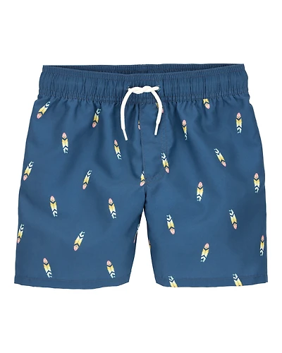 Boys Surfboard-Print Pull-On Swim Trunks