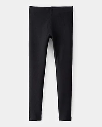 Girls Solid Cotton Ribbed Stretch Leggings - Black