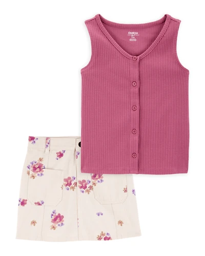 Kid 2-Piece Ribbed Button-Down Tank Top & Floral Twill Skirt Set - Pink/Ivory