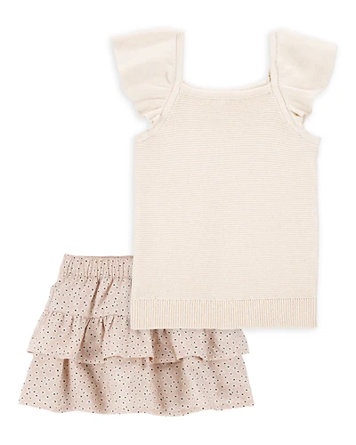 Toddler 2-Piece Flutter-Sleeve Rib Tank & Floral Ruffle Skort Set - Tan/White