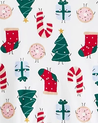 Adult Festive Friends Santa Christmas 100% Cotton Long-Sleeve Snug Fit 2-Piece Pajamas - White