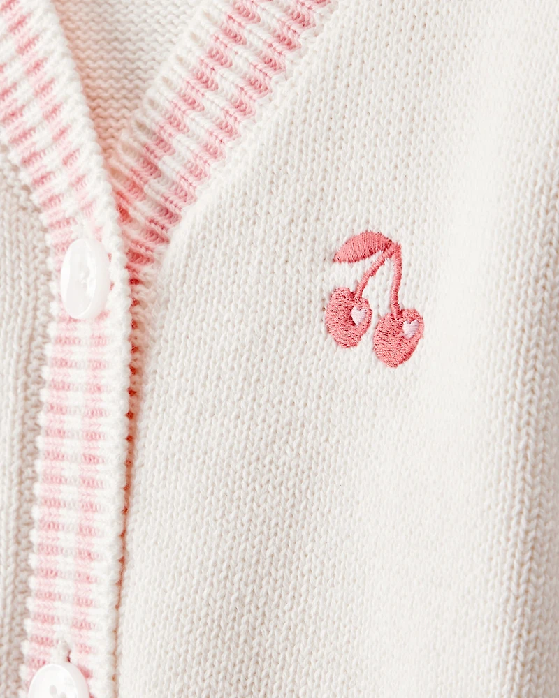 Baby Girl Cherry Cotton Long-Sleeve Sweater - White