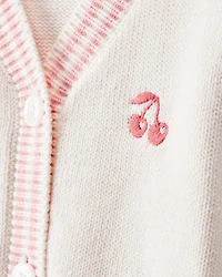 Baby Girl Cherry Cotton Long-Sleeve Sweater - White