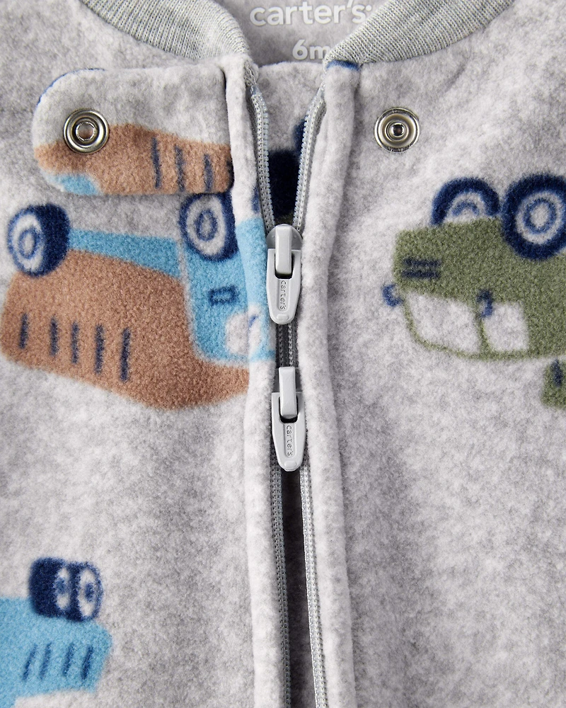 Baby Boy Construction Truck Print Loose Fit Long-Sleeve Sleep & Play Pajamas - Grey
