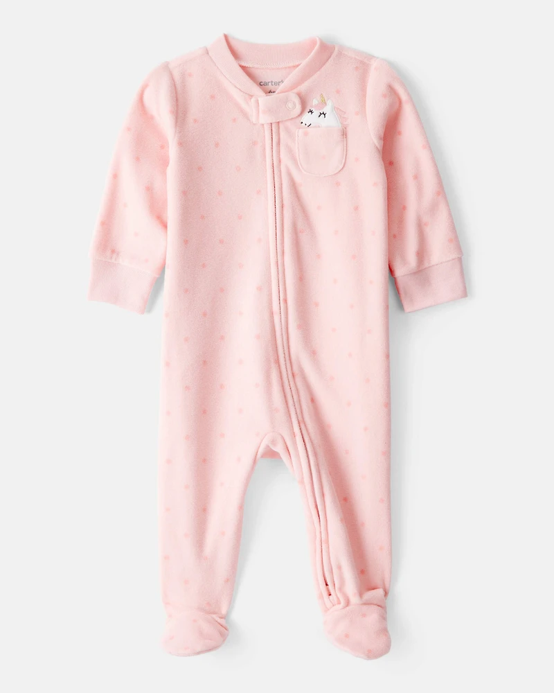 Baby Girl Unicorn Print Loose Fit Long-Sleeve Sleep & Play Pajamas - Pink