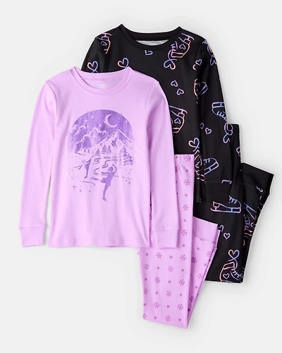 Girls Ice Skates 100% Cotton Snug Fit 4-Piece Pajamas - Purple