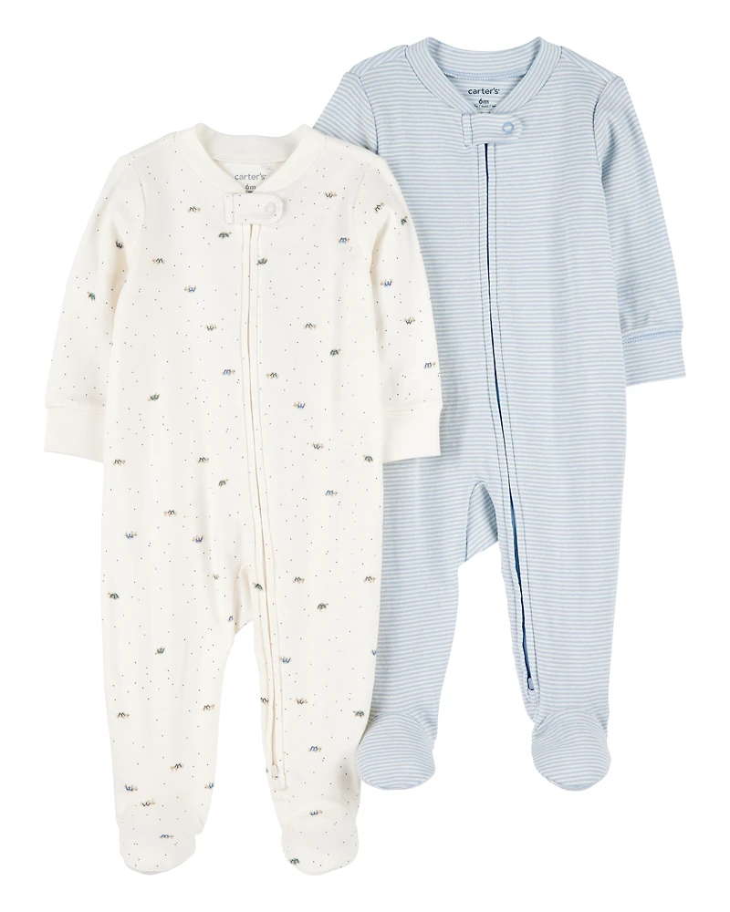 Baby 2-Pack 2-Way Zip Cotton Sleep & Play Pajamas - Blue/White