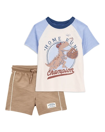 Baby 2-Piece Dinosaur Baseball Tee & Pull-On Shorts Set - Cream/Brown