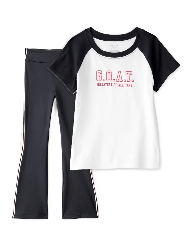 Girls 2-Piece G.O.A.T Graphic Tee & Knit Active Flared Pants Set - Black/Ivory