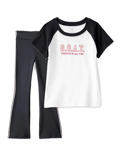 Girls 2-Piece G.O.A.T Graphic Tee & Knit Active Flared Pants Set - Black/Ivory