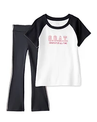 Girls 2-Piece G.O.A.T Graphic Tee & Knit Active Flared Pants Set - Black/Ivory