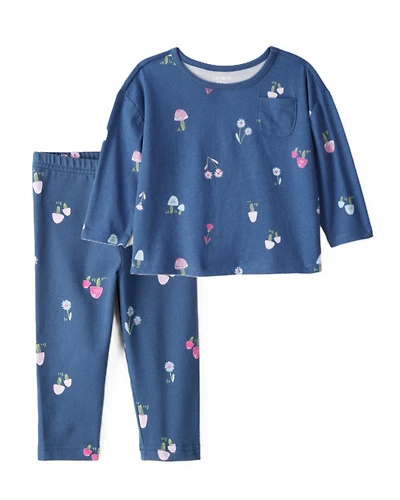 Toddler Girl 2-Piece Floral Cotton Top & Stretch Leggings Set - Blue
