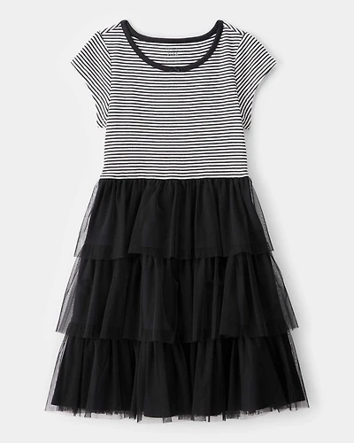 Kid Halloween Striped Tiered Tulle Dress - Black