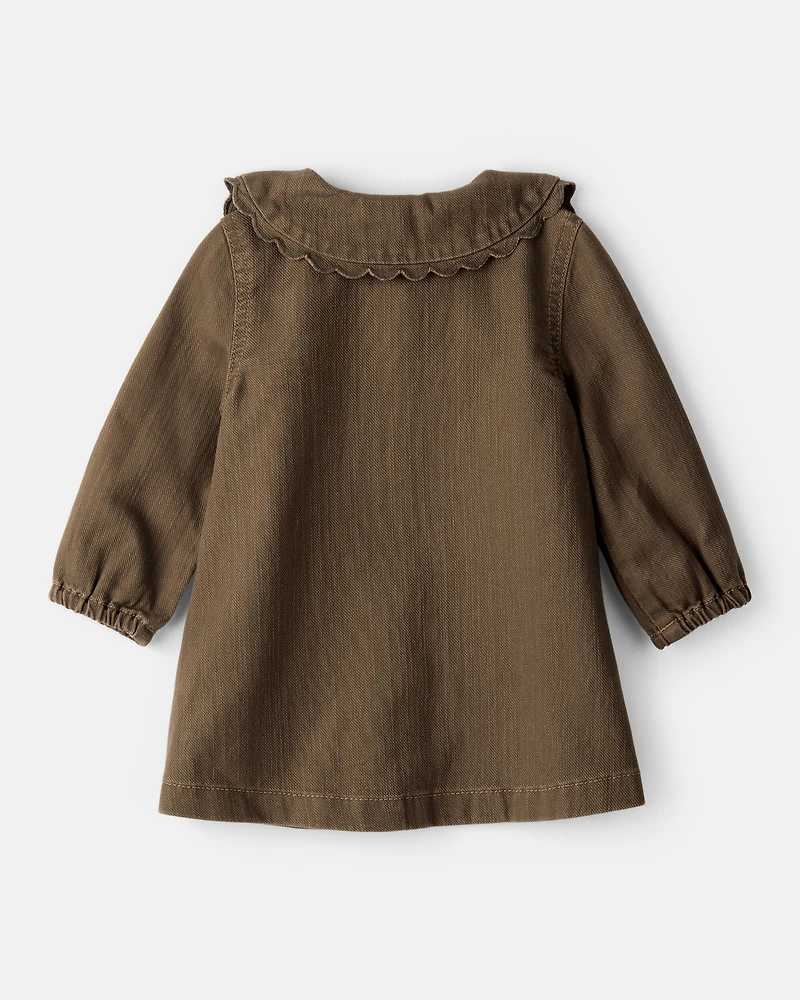 Baby Girl Scalloped Collar Button-Down Long-Sleeve Dress - Brown