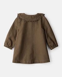 Baby Girl Scalloped Collar Button-Down Long-Sleeve Dress - Brown