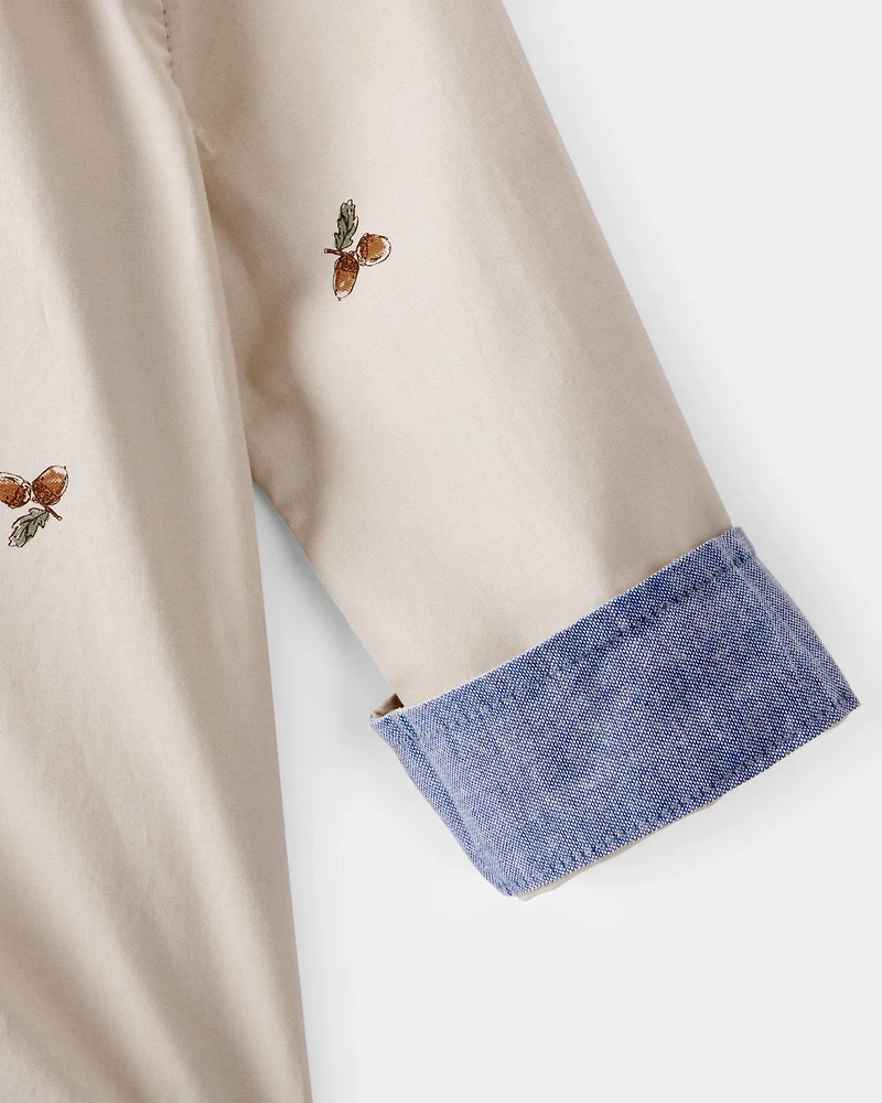 Baby Poplin Acorn Print Long-Sleeve Bodysuit - Khaki