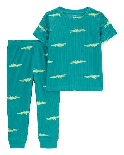 Toddler Boy Alligator Print Loose Fit Waffle Knit 2-Piece Pajamas - Green