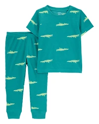 Toddler Boy Alligator Print Loose Fit Waffle Knit 2-Piece Pajamas - Green