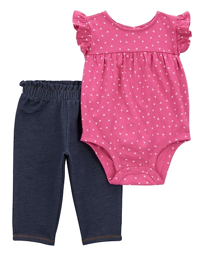 Baby Girl 2-Piece Heart Flutter-Sleeve Bodysuit Pant Set - Pink/Blue