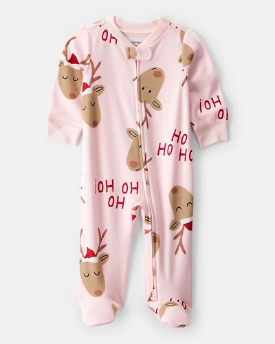 Baby Girl Reindeer 100% Cotton Snug Fit 2-Way Zip Sleep & Play Pajamas - Pink